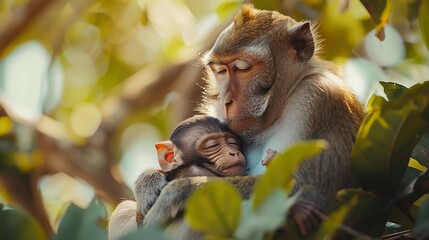 A Mother Monkey Cradling Her Sleeping Baby in Her Arms, Sitting in a Leafy Tree. Maternal Care, Intimate Bond Between Mother and Child. Mother's Day Banner. AI Generated