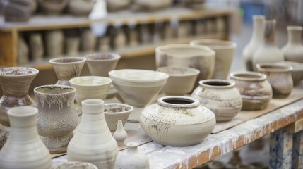 A series of finished pottery pieces displaying the progress made by students during the masterclass..