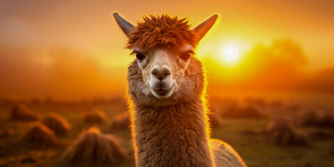Naklejka premium A llama with a big fluffy ear is standing in a field with the sun setting in the