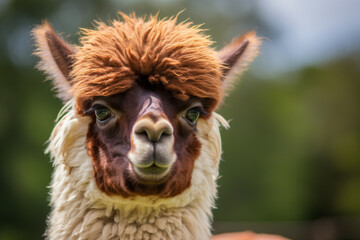 Obraz premium A brown and white llama with a fluffy mane is staring at the camera