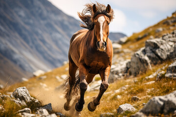 A brown horse is running through a rocky field