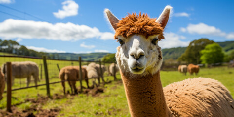 Fototapeta premium Charming Alpaca Portrait in Sunny Pasture with Herd Background