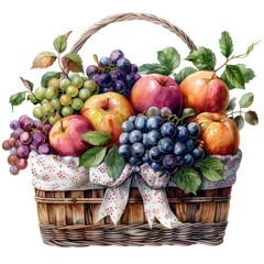 square straw basket with a patterned ribbon bow, full of fruits, white background