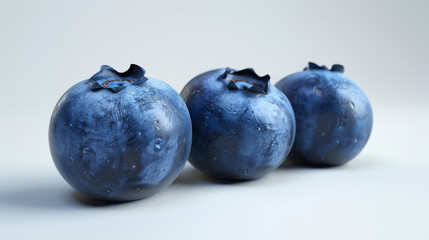 Obraz premium Three ripe blueberries with water droplets, close-up on a soft white background.