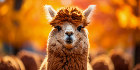 Fototapeta premium Autumnal Portrait of a Fluffy Alpaca with Vibrant Orange Leaves Background