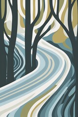 The tranquil, rhythmic movement of a flowing river is captured in this clean, modern illustration, evoking peace