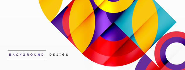 Vibrant colors like magenta and electric blue create a symmetrical pattern of circles and squares on a white background, evoking creativity and artistic expression