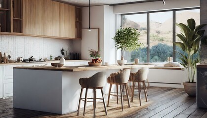 Home mock up, cozy modern kitchen interior background, 3d render