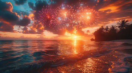 fireworks in the sky, background at a beach New Year's party - obrazy, fototapety, plakaty