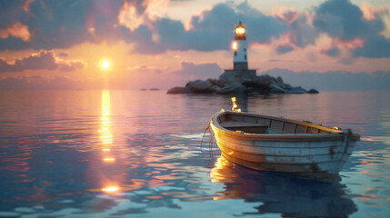 an ultra-realistic digital backdrop. The background is A tranquil ocean scene during twilight with soft pastel colors, a vintage wooden boat gently rocking on calm waters, and a guiding lighthouse in  - Powered by Adobe