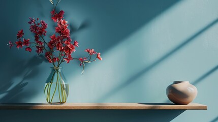 flowers on a shelf and blue wall
