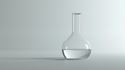 A clear glass volumetric flask half filled with a clear liquid, set against a soft gray background, embodying scientific precision.