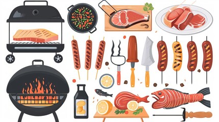 Barbecue elements set vector flat illustration Collection of equipment for cooking bbq  grill, coal, brazier, skewer, sausages, fish, seasonings, chicken and meat isolated on white