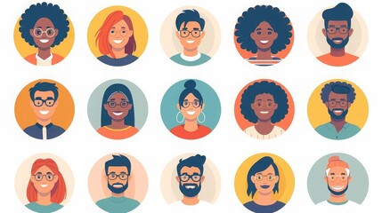 Set different person portrait of big diverse business team vector flat illustration Collection of people avatars isolated Bundle of joyful smiling colleagues Man and woman faces at round frame