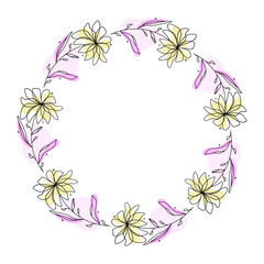 Hand drawn flowers wreath frame on white background