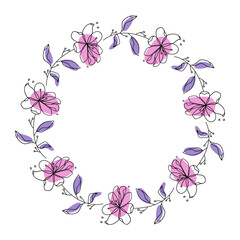 Hand drawn flowers wreath frame on white background
