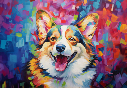 Oil painting of the head of a tri color corgi with its tongue sticking out panting on a colorful and vibrant abstract background.