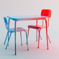 school classroom table with a chair. red and blue gradient colors, White background