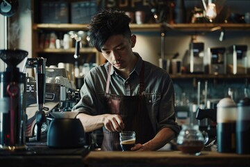 Handsome young barista pours milk froth into latte art coffee cup to decorate it beautifully appetizing mellow together with beautiful barista staff serving customers in the coffee cafe.