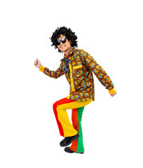 Asian afro hippie man dress in 80s vintage fashion with colorful retro funk disco clothing while dancing isolated on white background for fancy outfit party and pop culture concept