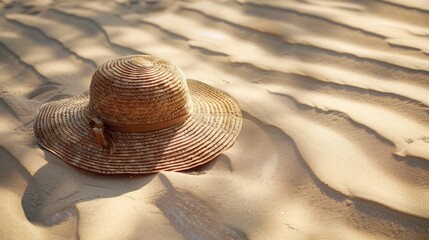 A straw hat rests on a sandy beach, blending in with the natural landscape composed of soil, wood, and aeolian landforms. Terrestrial animals and wildlife may be seen in this macro photography scene