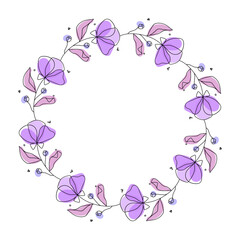 Hand drawn flowers wreath frame on white background