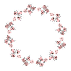 Fototapeta na wymiar Hand drawn flowers wreath frame on white background