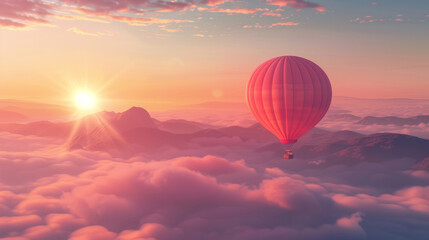 Fototapeta premium A breathtaking view of a hot air balloon soaring above fluffy clouds during a vibrant sunset.