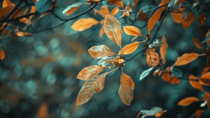 Intense orange leaves pop against a teal blurred background, highlighting their vibrant texture and color.