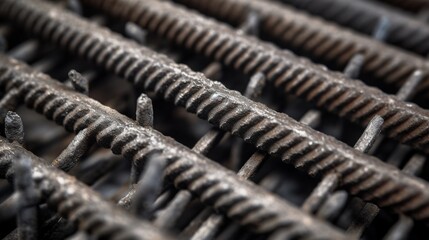 A detailed view of rebar against a diffuse background, emphasizing its rugged, metallic features