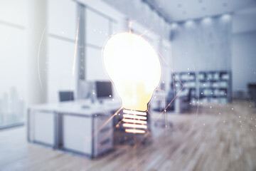 Double exposure of creative light bulb hologram on modern corporate office background, research and...