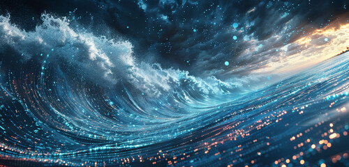 Broad, sweeping digital tsunami, symbolizing massive data flow and internet traffic in a 21:10 panoramic view.