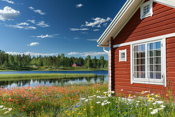 A Swedish summer house with red wooden siding and white trim, situated in a wildflower meadow by a tranquil lake. - Powered by Adobe