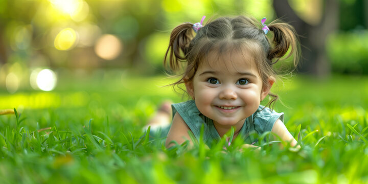 Portrait of a smiling little girl lying on green grass