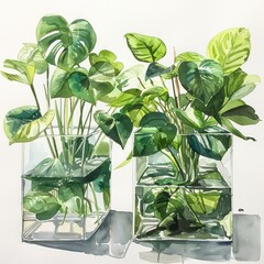 monstera and pothos plant in glass containers cute, simple, greens leaves, white background