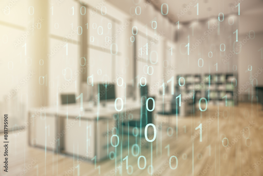 Leinwandbilder abstract virtual binary code hologram on a modern furnished classroom background, ai and machine lea