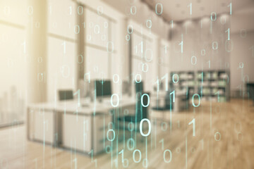 Abstract virtual binary code hologram on a modern furnished classroom background, AI and machine learning concept. Multiexposure