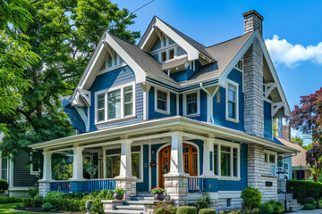 A two-story Craftsman home with a striking blue and white color scheme, detailed trim work, and a welcoming front porch, located in a suburban neighborhood.