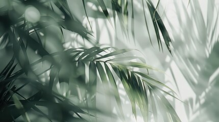 palm leaves in a blurred  green and gray, delicate floral, organic, fluid lines on white background