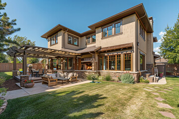 A two-story Craftsman home with a mix of stucco and wood siding, detailed trim around windows and doors, and a spacious backyard with a custom pergola and fire pit. - obrazy, fototapety, plakaty