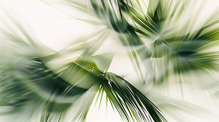 palm leaves in a blurred  green and gray, delicate floral, organic, fluid lines on white background