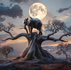 Elephant Sitting On a Tree With The Moon Overhead