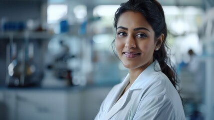 woman, wearing a lab coat, standing in a clinical lab