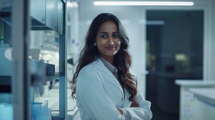 woman, wearing a lab coat, standing in a clinical lab