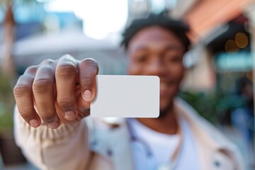 Person holding a blank business card in focus with a blurred background