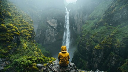 Moment of solitude an individual in yellow hoodie lookint at breathtaking waterfall surrounded by lush greenery of misty mountains - Powered by Adobe