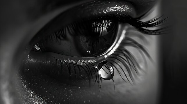 A close-up of a human eye with a tear rolling down in detailed black and white photography capturing raw emotion