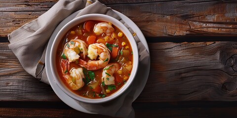 A clean shrimps up over a homemade seafood gumbo offered over a wooden a serving piece platter over a wooden stove top setting and space, Generative AI.