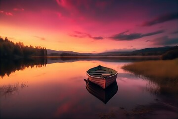 lonely, yellow, boat, lake, beautiful, twilight, serene, tranquil, solitude, peaceful, reflection, dusk, water, evening, nature