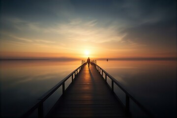 Obraz premium pier, lone, figure, standing, unusual, long, water, solitude, silhouette, serene, isolated, calm, tranquil, horizon